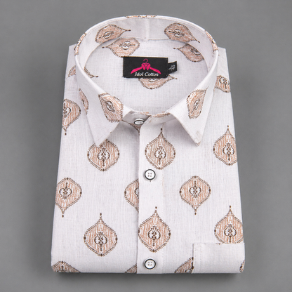 Linen Cotton White with Sand Brown Butta Print Men’s Shirt