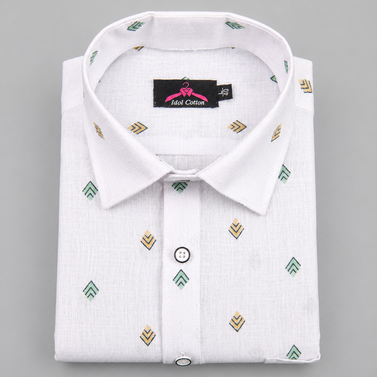 Linen Cotton White with Bottle Green & Mustard Yellow Geometric Micro Print Men’s Shirt
