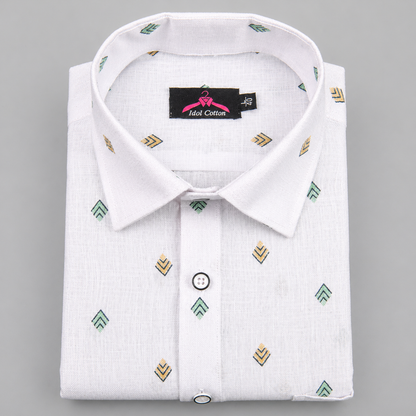 Linen Cotton White with Bottle Green & Mustard Yellow Geometric Micro Print Men’s Shirt