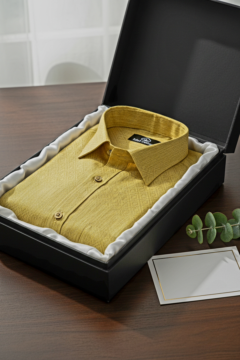 Teal Jacquard Dimond Pattern Cotton Shirt Honey Yellow Colour