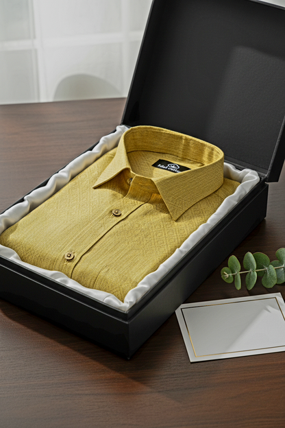 Teal Jacquard Dimond Pattern Cotton Shirt Honey Yellow Colour