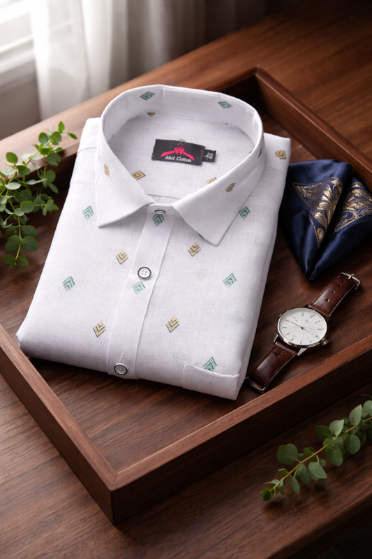 Linen Cotton White with Bottle Green & Mustard Yellow Geometric Micro Print Men’s Shirt