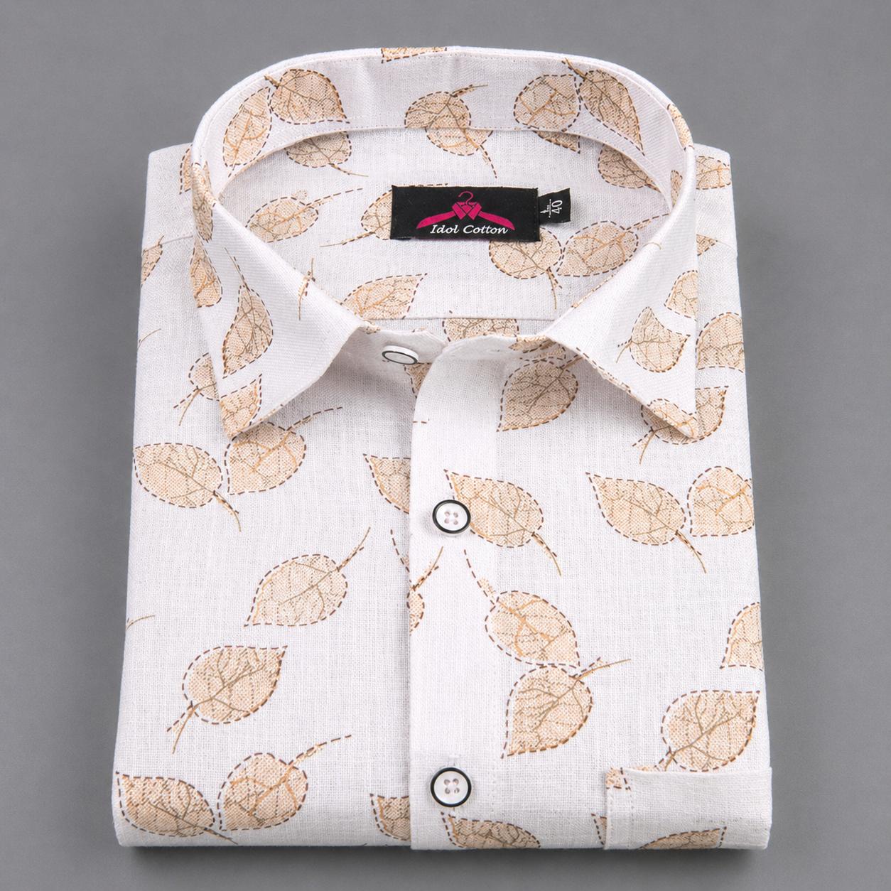 Linen Cotton White with Light Brown Leaf Outline Print Men’s Shirt