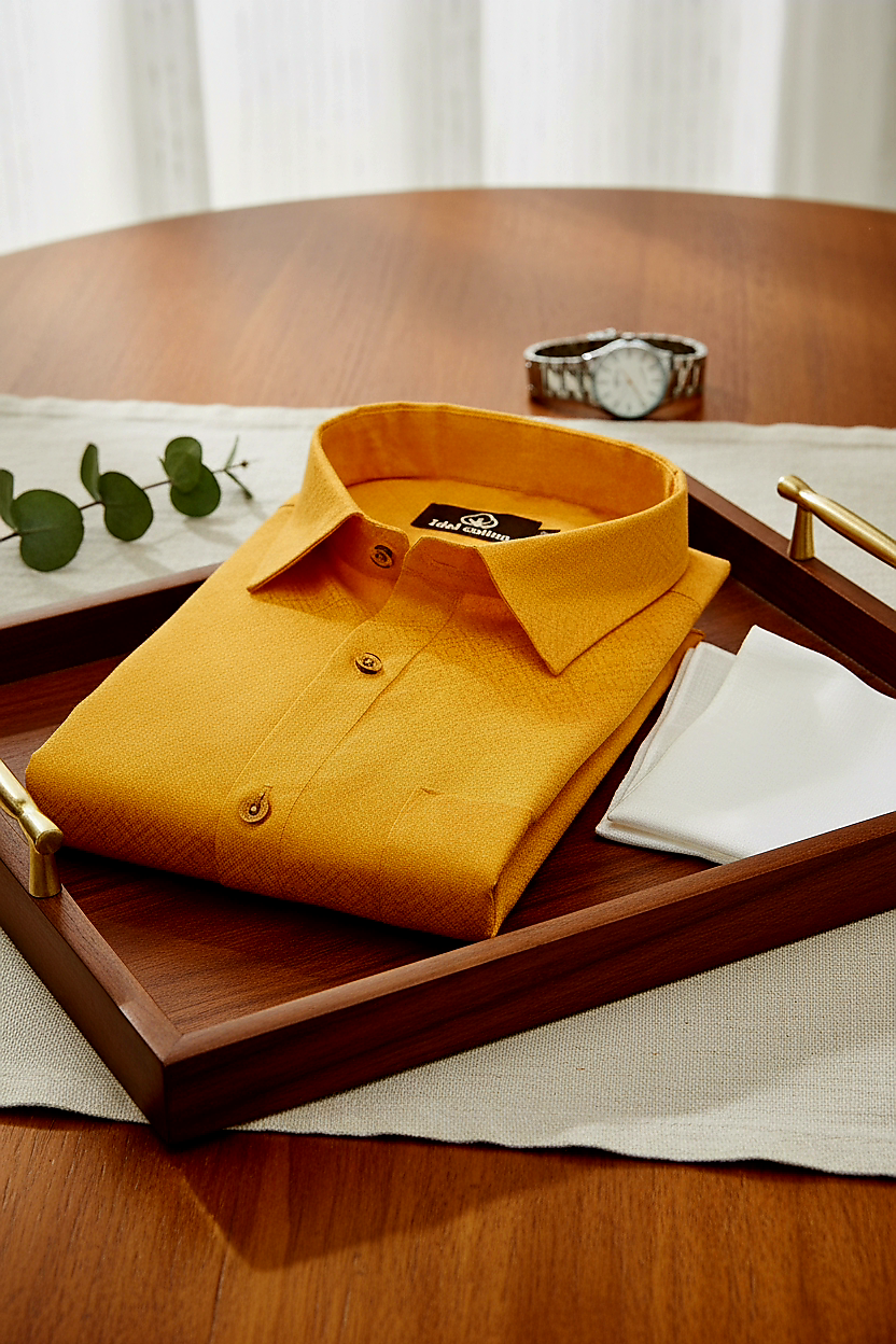 Teal Jacquard Dimond Pattern Cotton Shirt Golden Yellow Colour