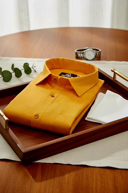 Teal Jacquard Dimond Pattern Cotton Shirt Golden Yellow Colour