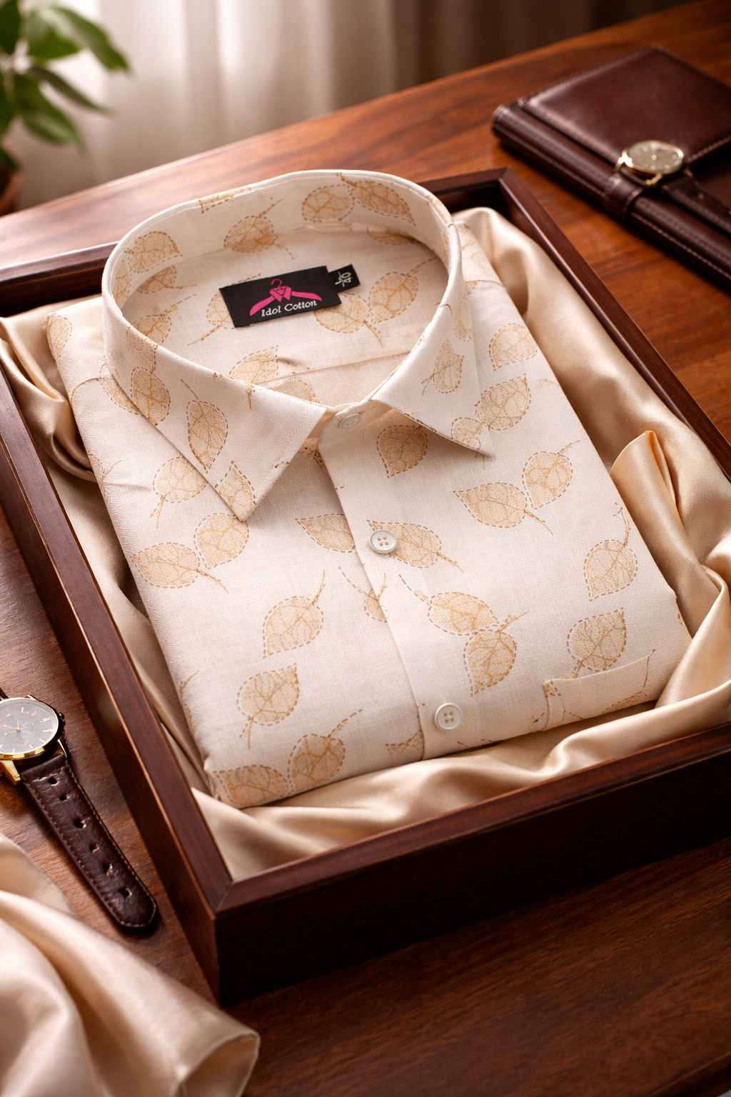 Linen Cotton White with Light Brown Leaf Outline Print Men’s Shirt