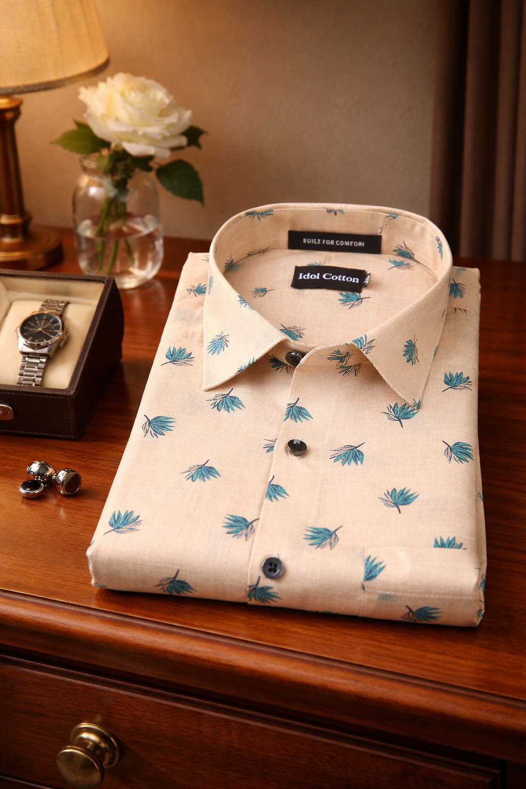 Linen Green And Teal Leaf Print Peach Orange Background 