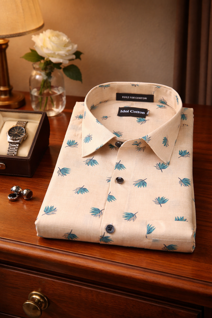 Linen Green And Teal Leaf Print Peach Orange Background 