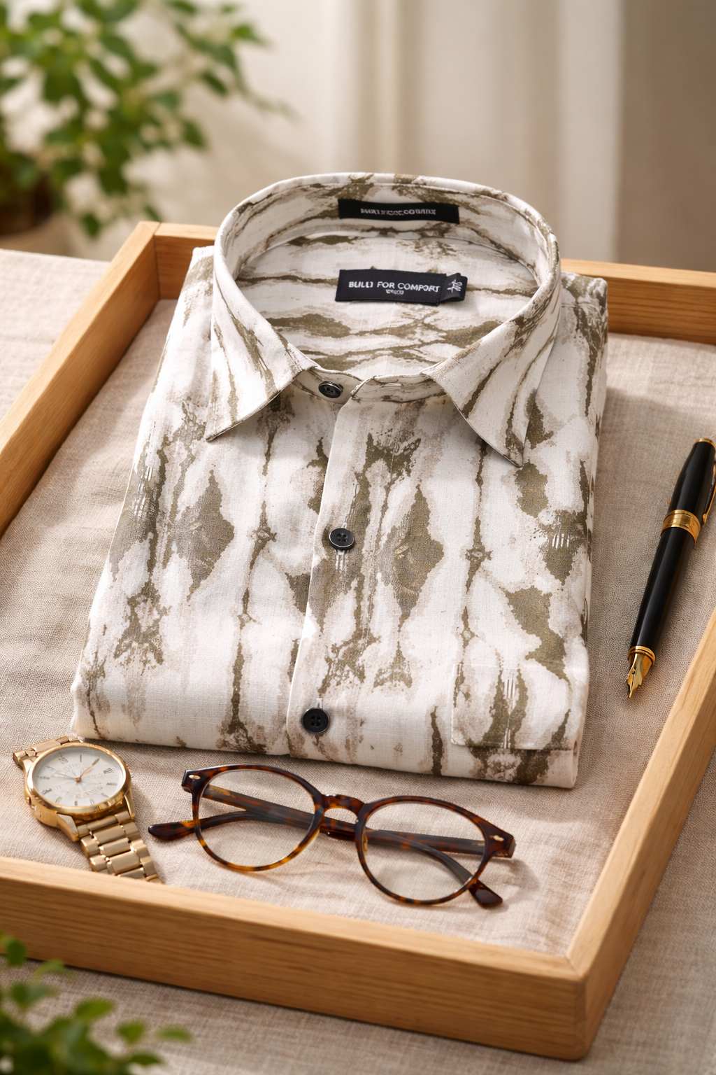 Linen Ikat Inspired Print Olive Brown