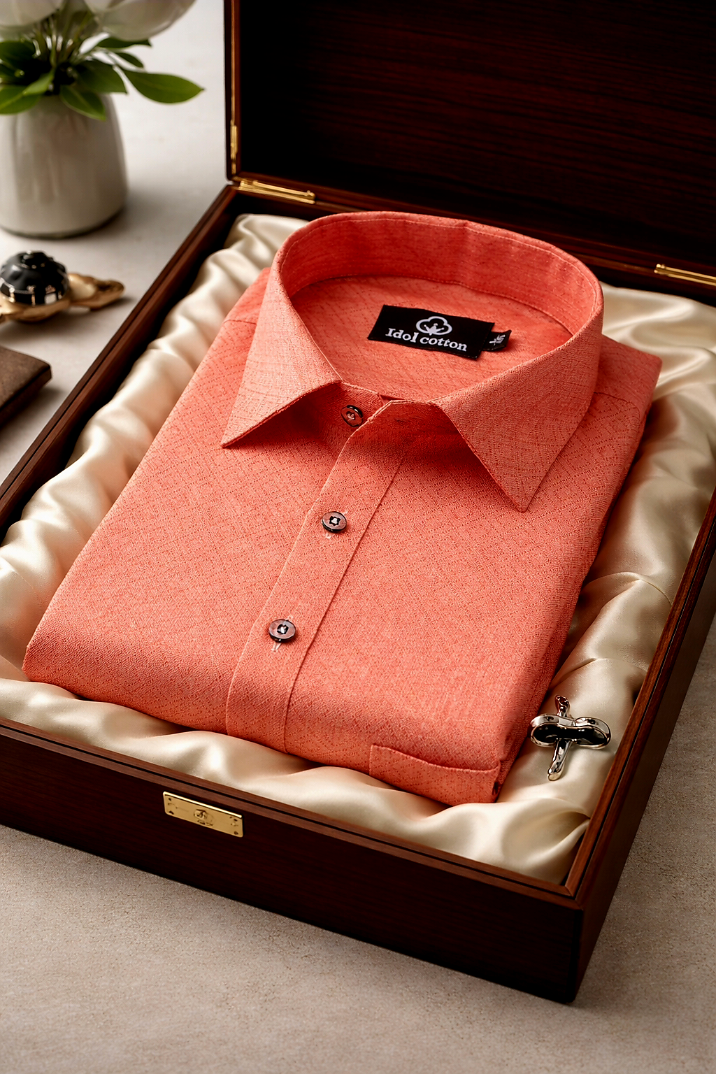 Teal Jacquard Dimond Pattern Cotton Shirt Salmon Pink Colour