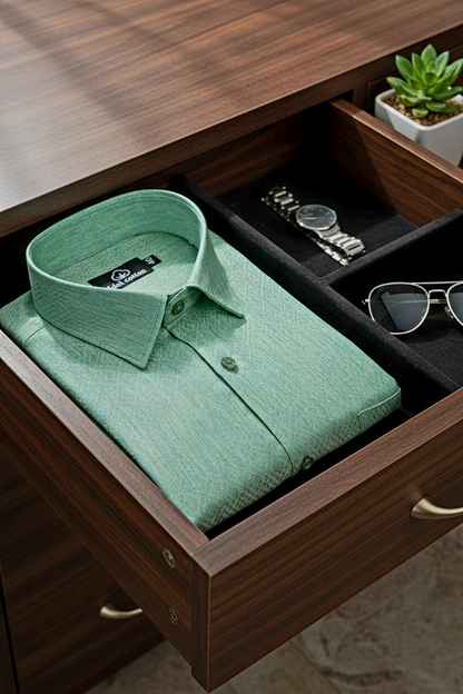 Teal Jacquard Dimond Pattern Cotton Shirt Mint Green Colour