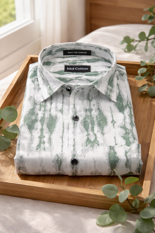 Linen Ikat Inspired Print Olive Green