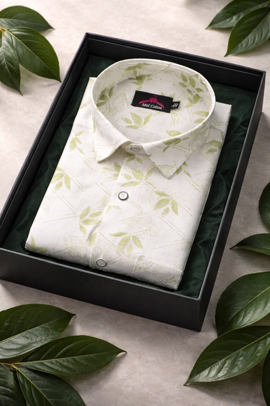 Turkey Linen White with Spring Green Leaf Print Men’s Shirt