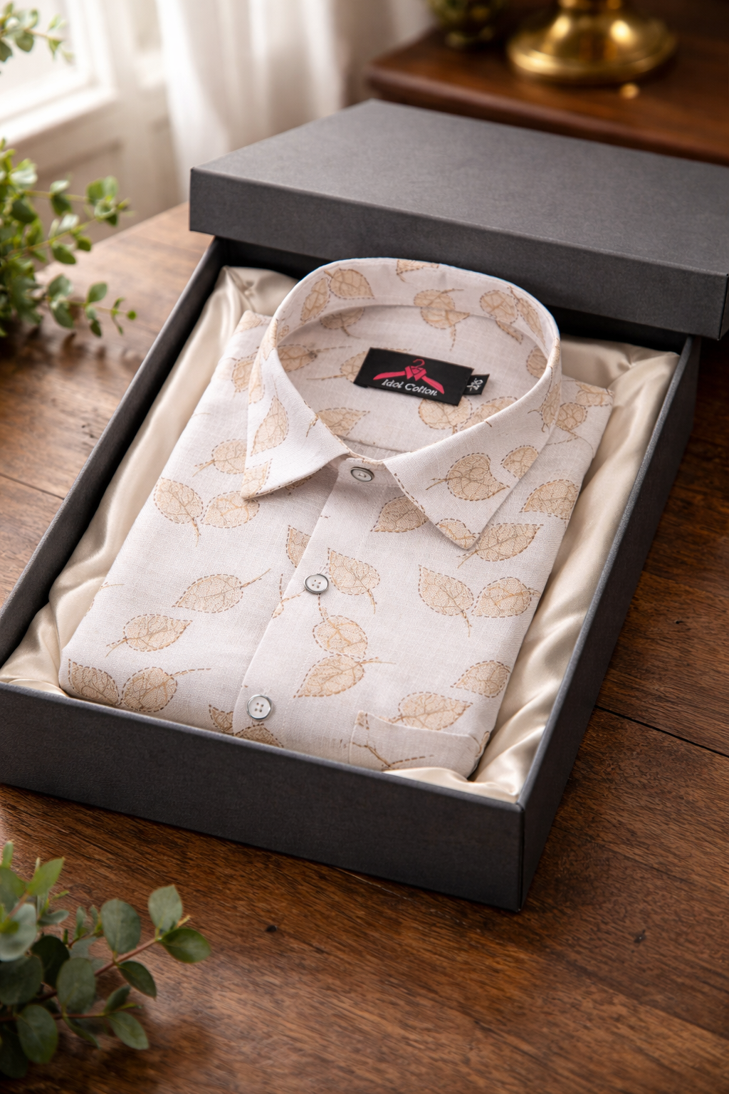 Linen Cotton White with Light Brown Leaf Outline Print Men’s Shirt