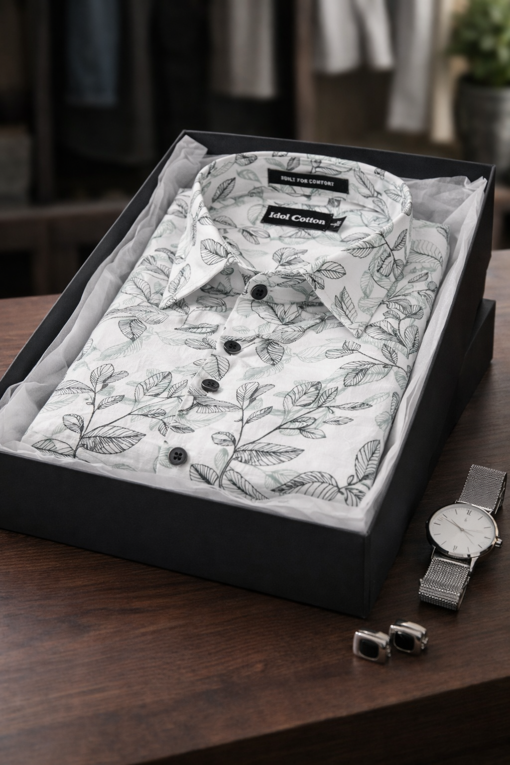 Linen Botanical Leaf Print White Bsse Light Sage Green