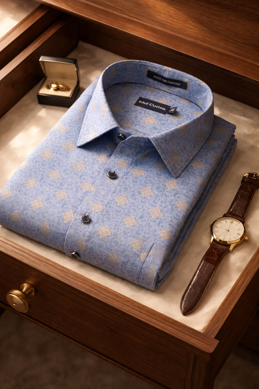 Linen Golden Yellow Geometric Print BlueBbackground