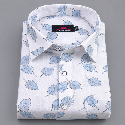 Linen Cotton White with Sky Blue Leaf Outline Print Men’s Shirt