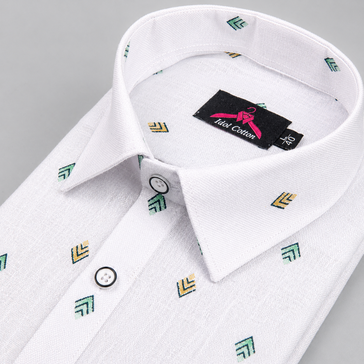 Linen Cotton White with Bottle Green & Mustard Yellow Geometric Micro Print Men’s Shirt