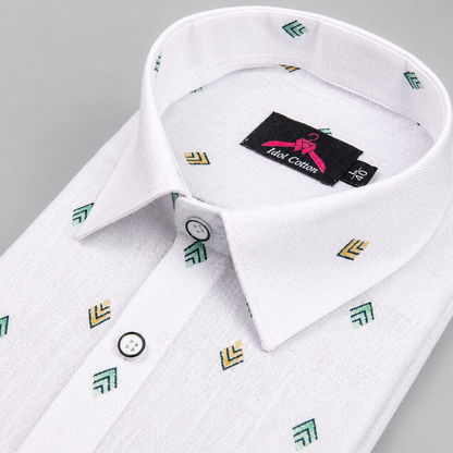 Linen Cotton White with Bottle Green & Mustard Yellow Geometric Micro Print Men’s Shirt