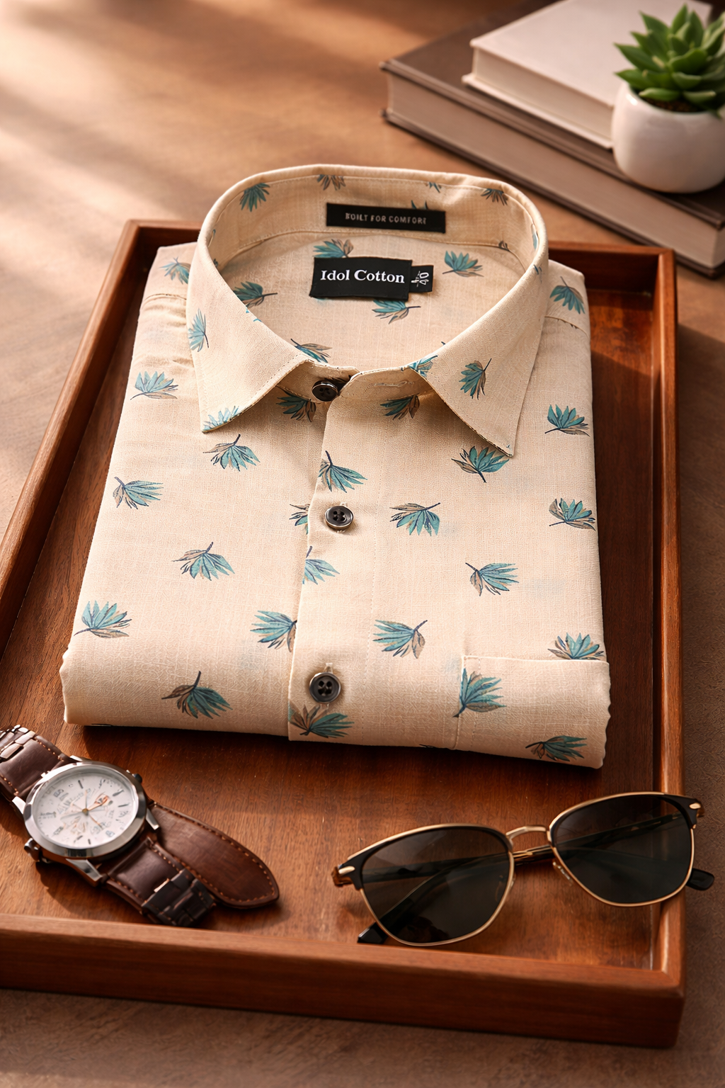 Linen Green And Teal Leaf Print Peach Orange Background 