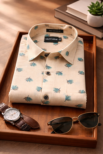 Linen Green And Teal Leaf Print Peach Orange Background 