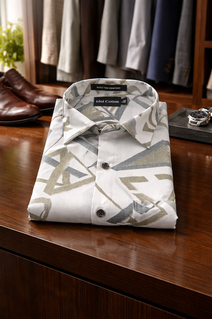 Linen Brushstoke Print White Base With Olive Green