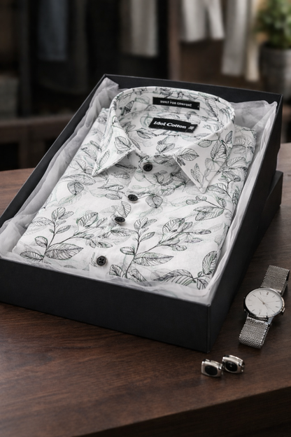 Linen Botanical Leaf Print White Bsse Light Sage Green