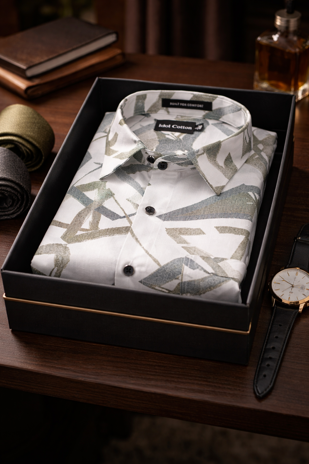 Linen Brushstoke Print White Base With Olive Green