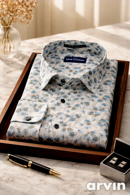 Linen All Over Leafy Vine Print Cream Base Blue And Brown Leaves