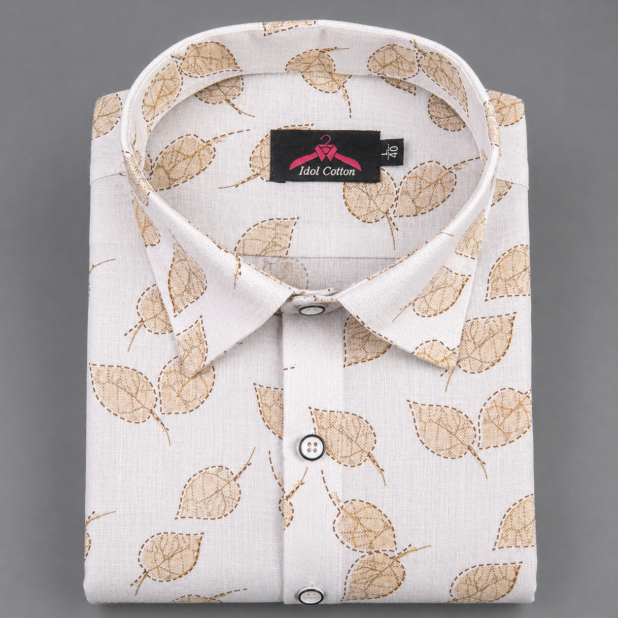 Linen Cotton White with Light Brown Leaf Outline Print Men’s Shirt
