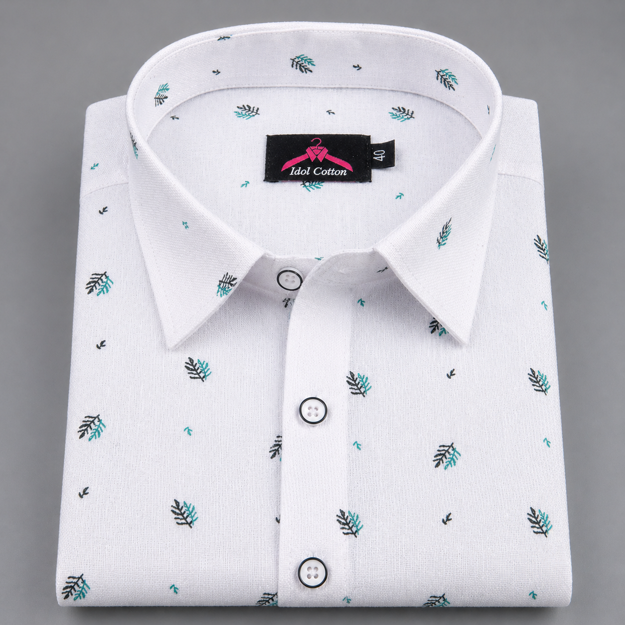 Linen Cotton White with Teal Green & Cool Green Micro Leaf Print Men’s Shirt