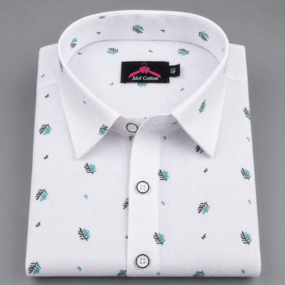 Linen Cotton White with Teal Green & Cool Green Micro Leaf Print Men’s Shirt