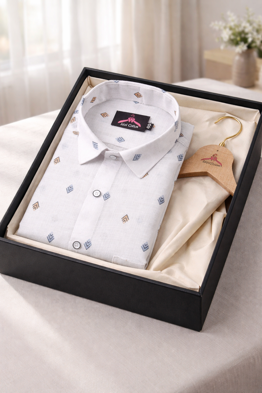 Linen Cotton White with Denim Blue & Mustard Brown Geometric Micro Print Men’s Shirt