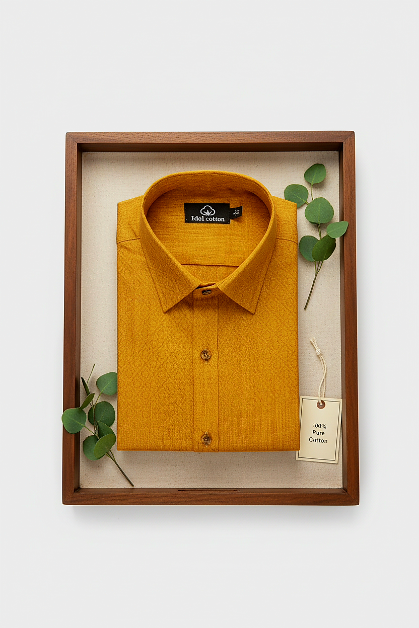 Teal Jacquard Dimond Pattern Cotton Shirt Mustrud yellow Colour