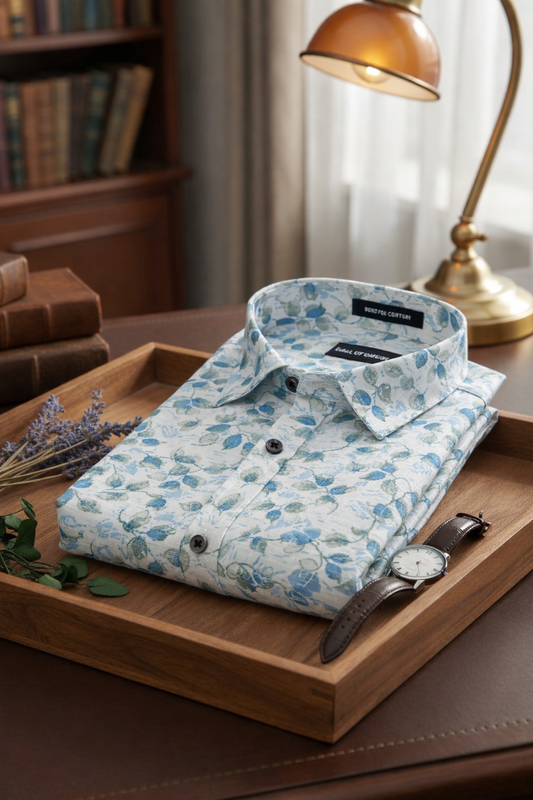 Linen All Over Leafy Vine Print Light Cream Base With Green And Blue Leaves