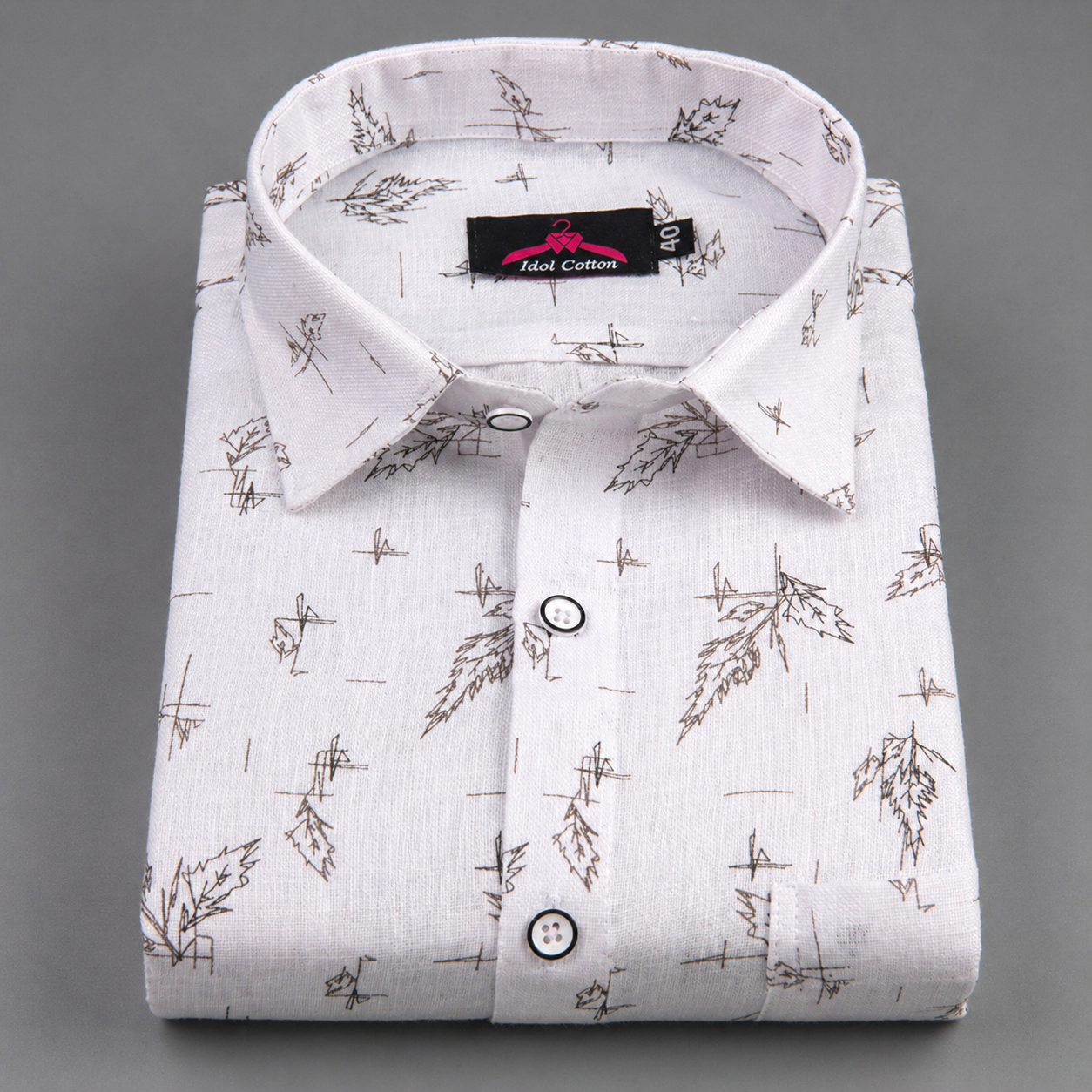 Linen Cotton White with Ash Gray Sketch Leaf Print Men’s Shirt