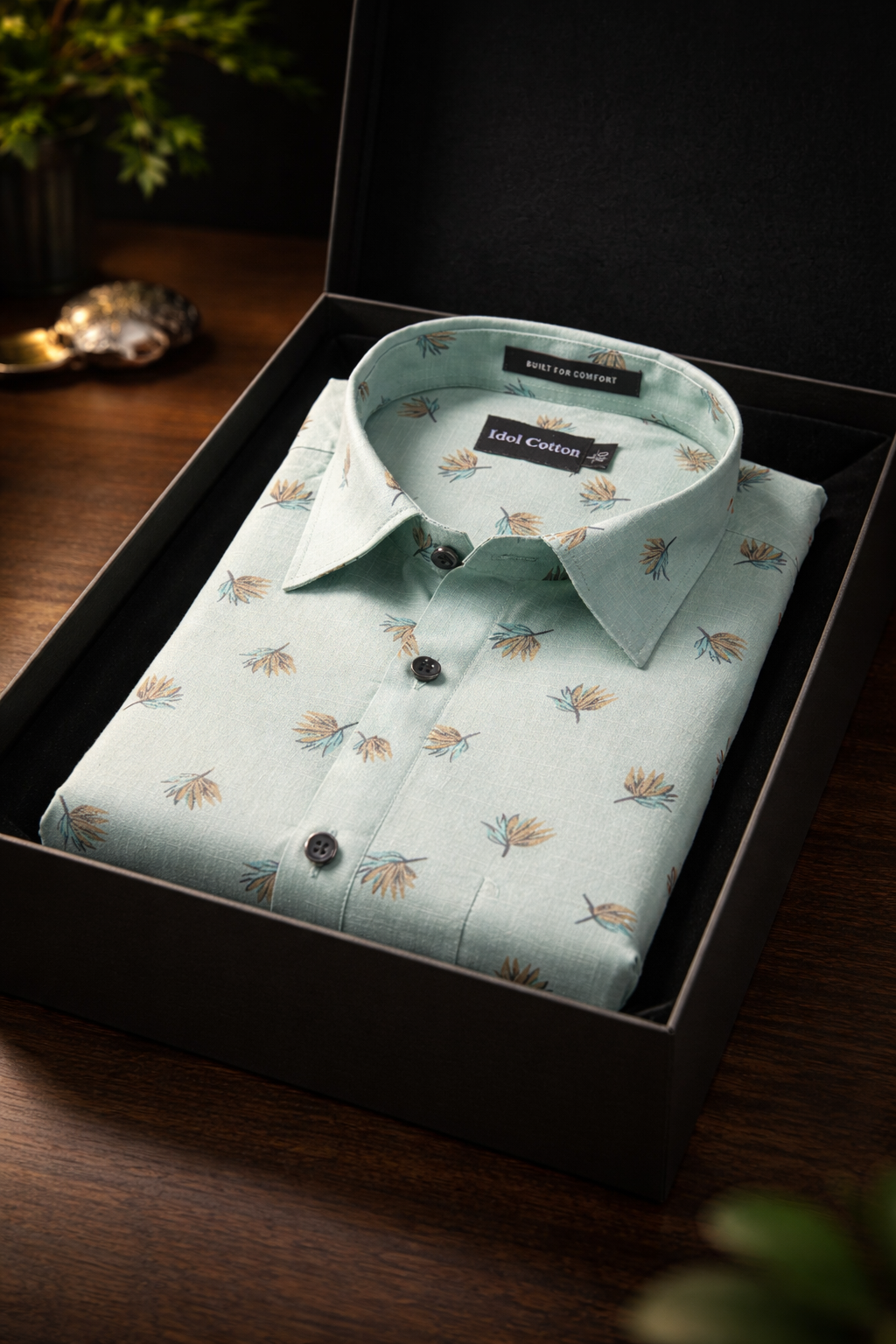 Linen Brown And Teal Leaf Print Light Green Background