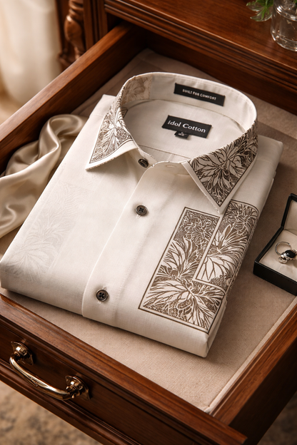 Linen Floral Block Print Cream Base With Dark Brown