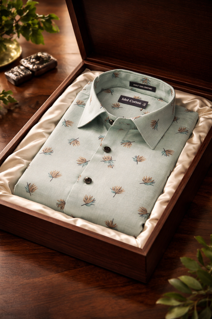 Linen Brown And Teal Leaf Print Light Green Background