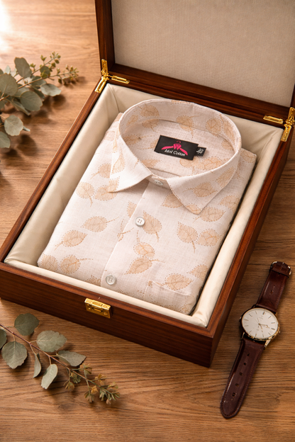Linen Cotton White with Light Brown Leaf Outline Print Men’s Shirt
