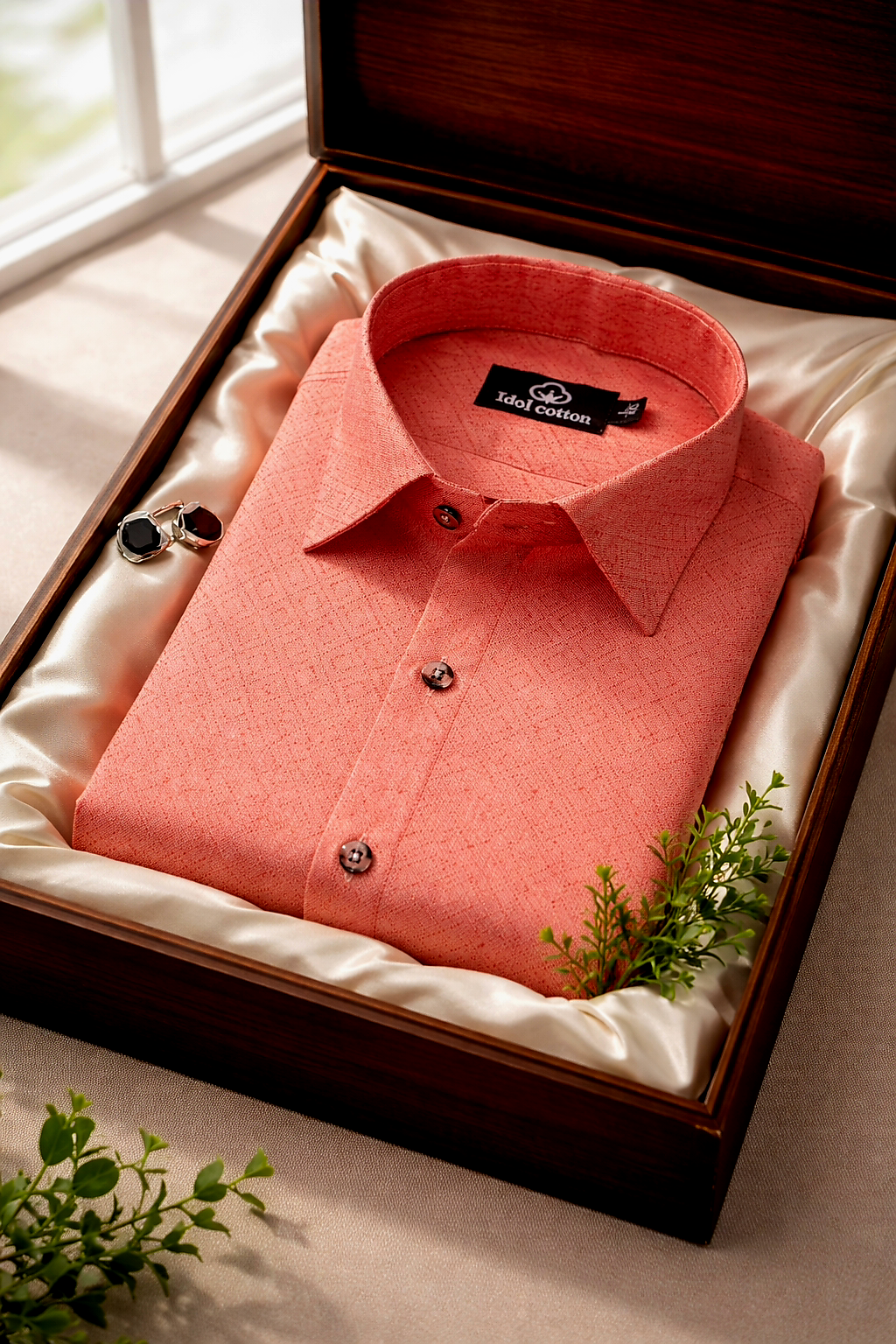 Teal Jacquard Dimond Pattern Cotton Shirt Salmon Pink Colour