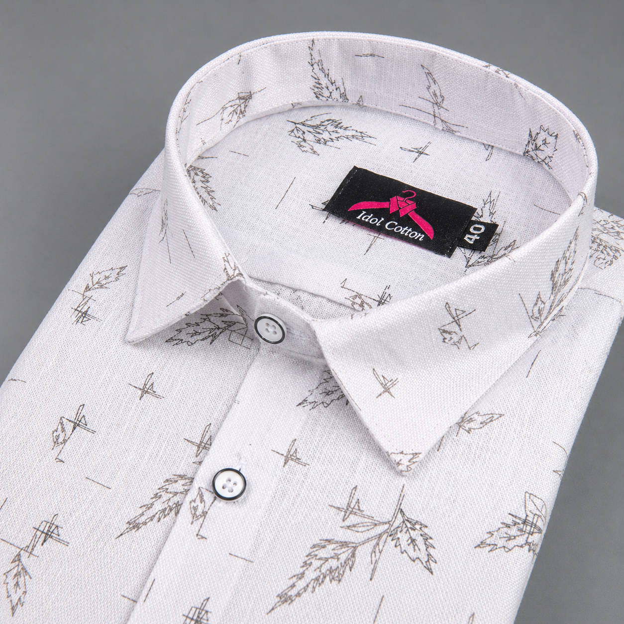 Linen Cotton White with Ash Gray Sketch Leaf Print Men’s Shirt
