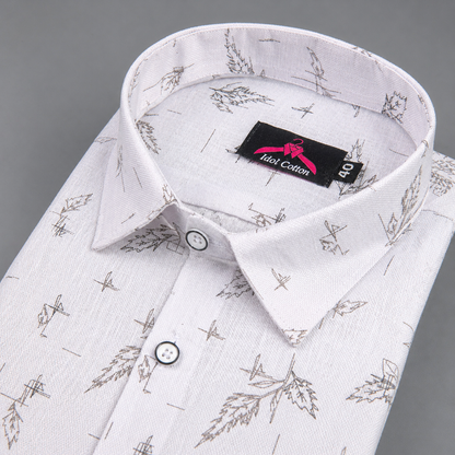 Linen Cotton White with Ash Gray Sketch Leaf Print Men’s Shirt