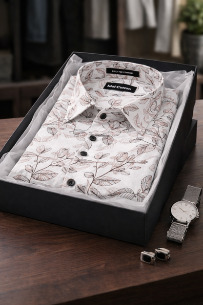 Linen Botanical Leaf Print White Base With Black