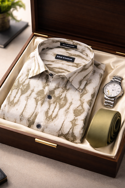 Linen Ikat Inspired Print Olive Brown