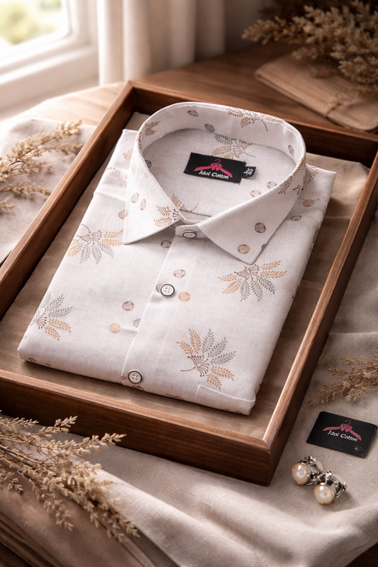 Linen Cotton White with Light Brown & Gray Leaf Dot Print Men’s Shirt