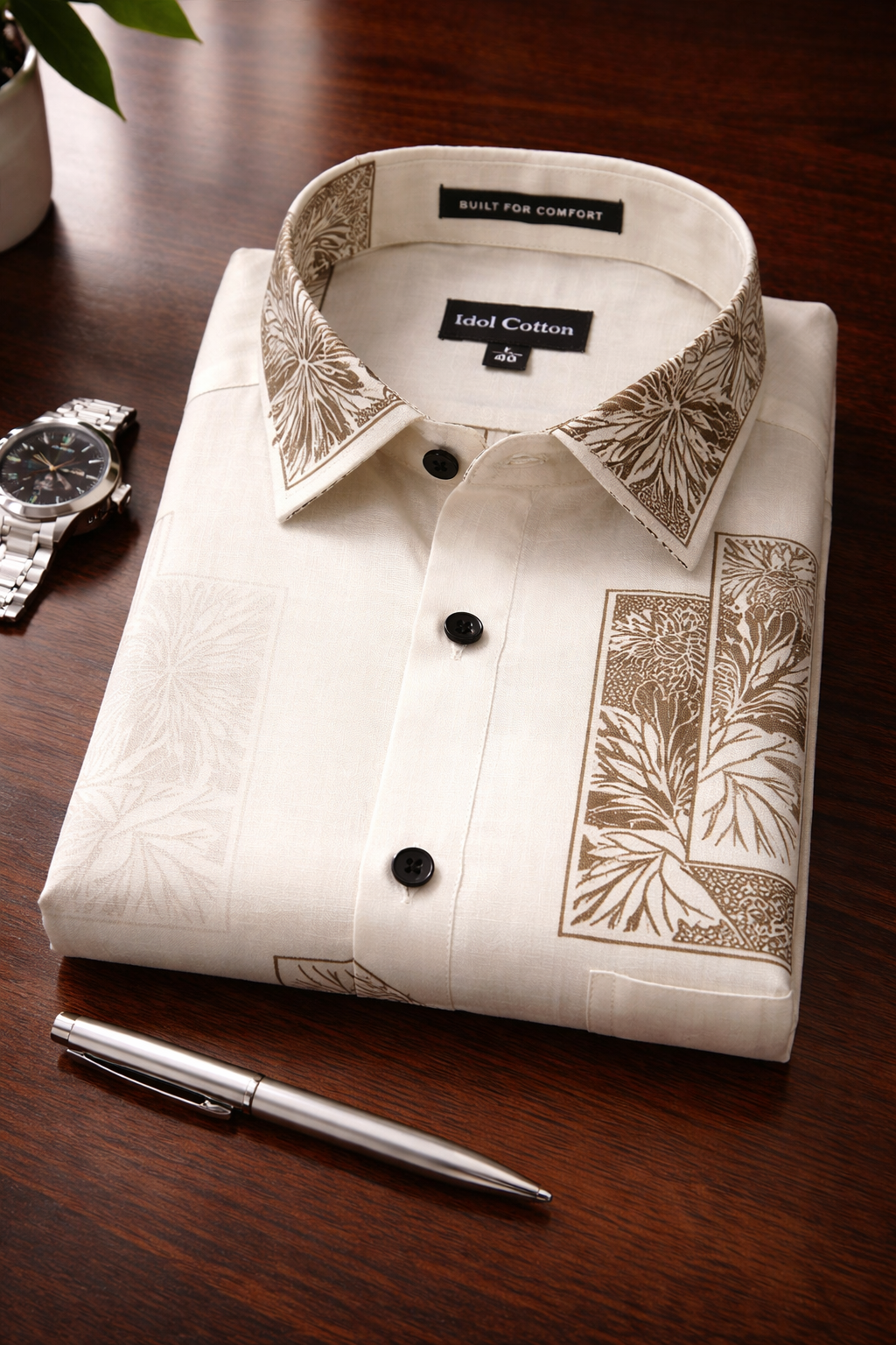 Linen Floral Block Print Cream Base With Dark Brown