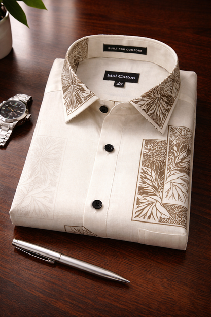 Linen Floral Block Print Cream Base With Dark Brown