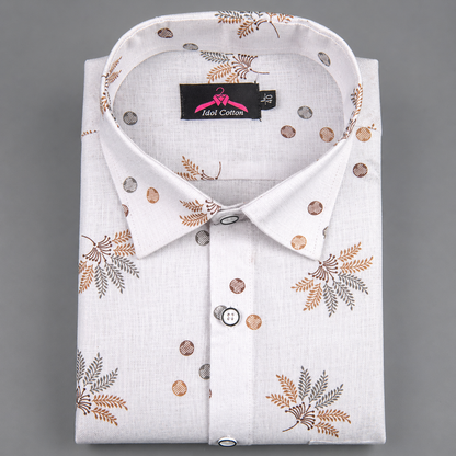 Linen Cotton White with Light Brown & Gray Leaf Dot Print Men’s Shirt