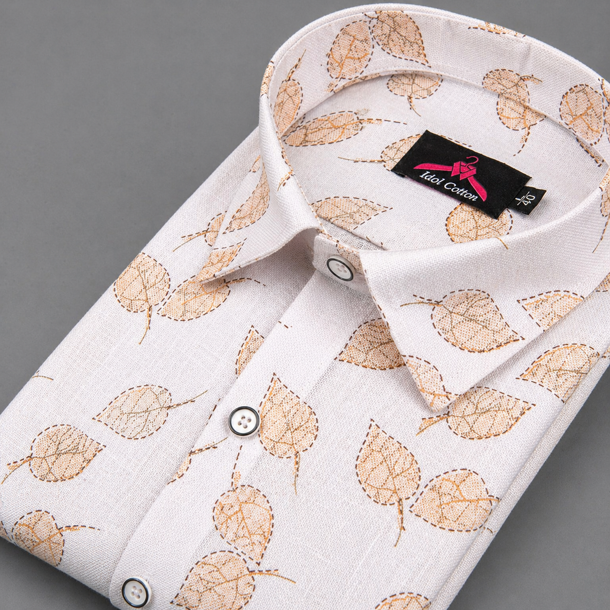 Linen Cotton White with Light Brown Leaf Outline Print Men’s Shirt